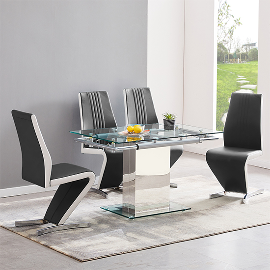 Read more about Enke extending glass dining table with 4 gia black white chairs