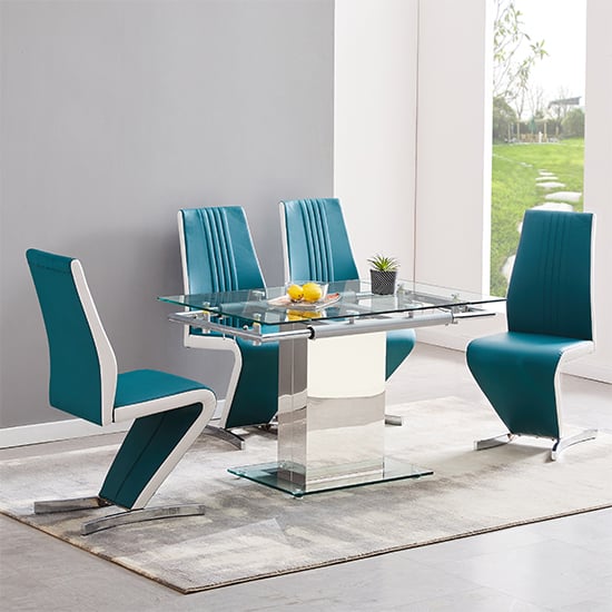 Product photograph of Enke Extending Glass Dining Table With 4 Gia Teal White Chairs from Furniture in Fashion