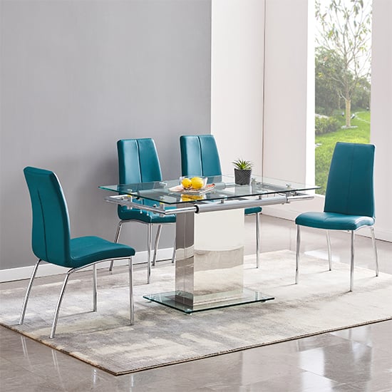 Product photograph of Enke Extending Glass Dining Table With 4 Opal Teal Chairs from Furniture in Fashion