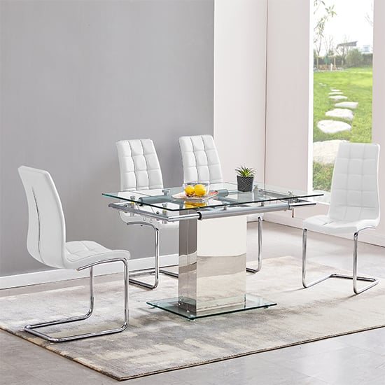 Enke Extending Clear Glass Dining Table 4 Paris White Chairs