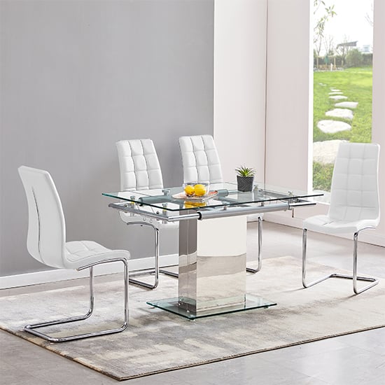 Photo of Enke extending glass dining table with 4 paris white chairs