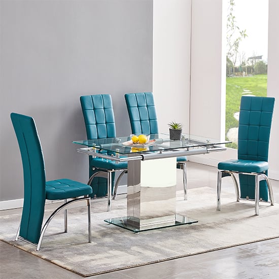 Enke Extending Glass Dining Table With 4 Ravenna Teal Chairs