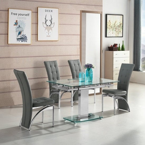 Photo of Enke extending glass dining table with 4 ravenna grey chairs