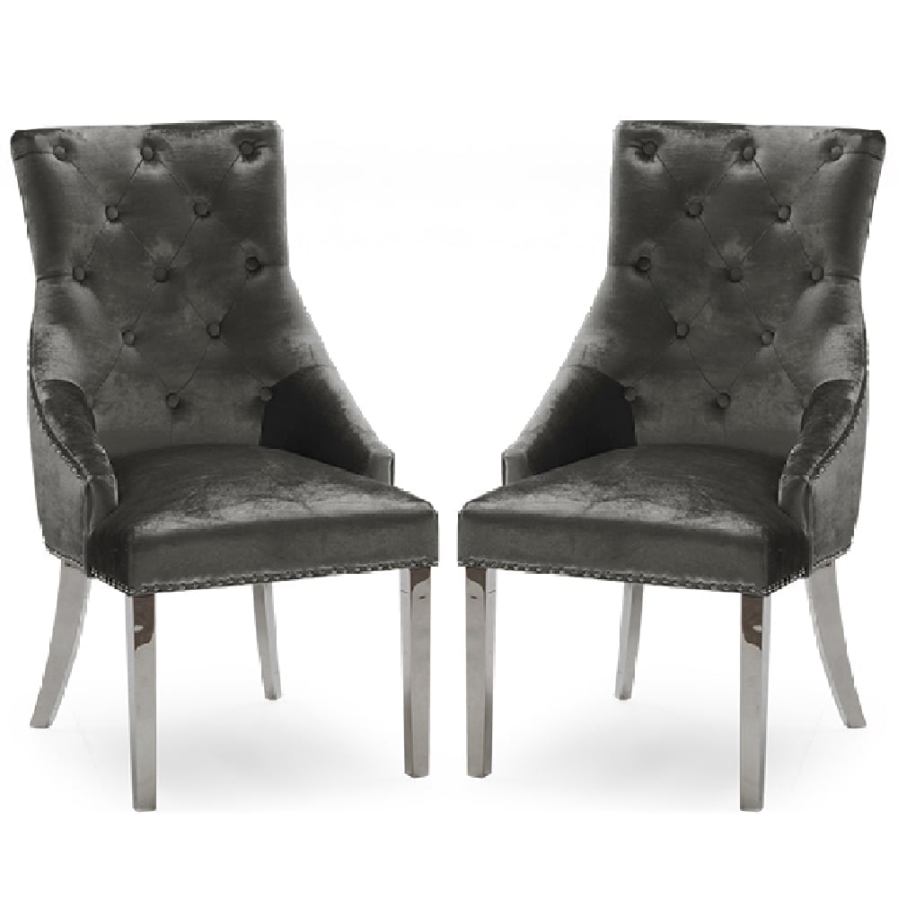 Enmore Charcoal Velvet Dining Chairs With Chrome Legs In Pair