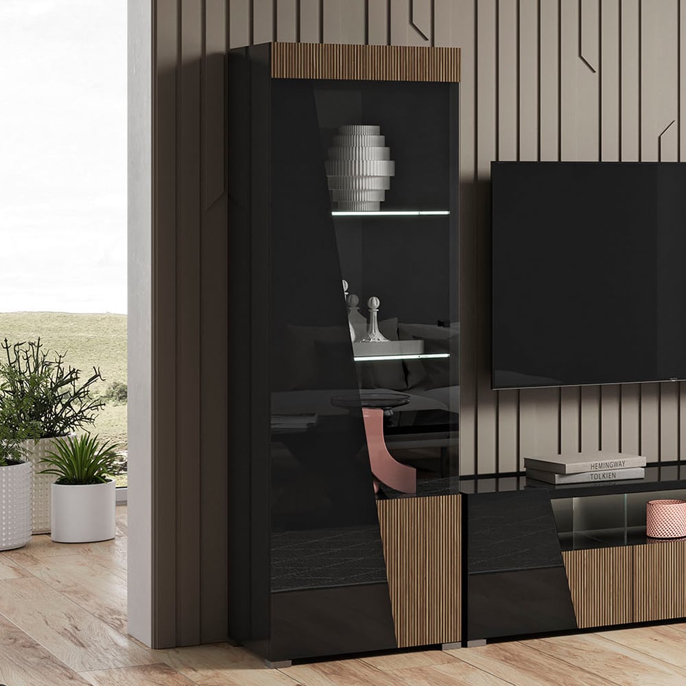 Product photograph of Enna High Gloss Display Cabinet 1 Door Left In Black And Led from Furniture in Fashion