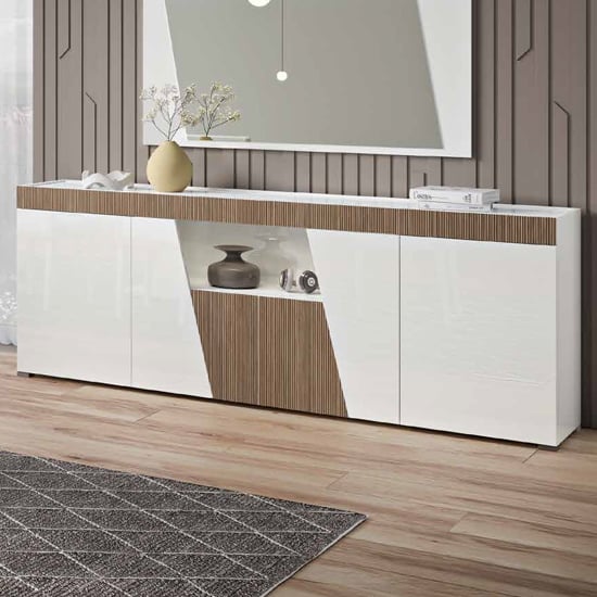 Enna High Gloss Sideboard In White With 4 Doors And LED
