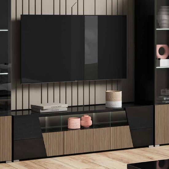 Enna High Gloss TV Stand In Black With 3 Doors And LED