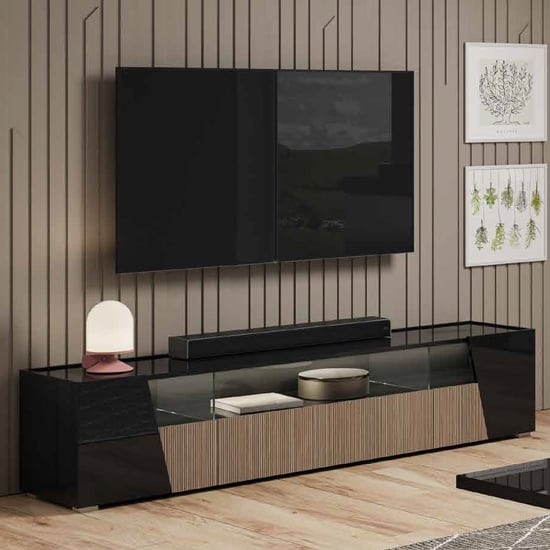Enna High Gloss TV Stand In Black With 4 Doors And LED