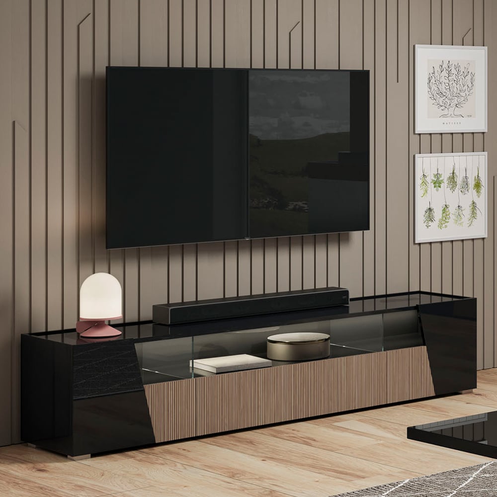 Read more about Enna high gloss tv stand in black with 4 doors and led