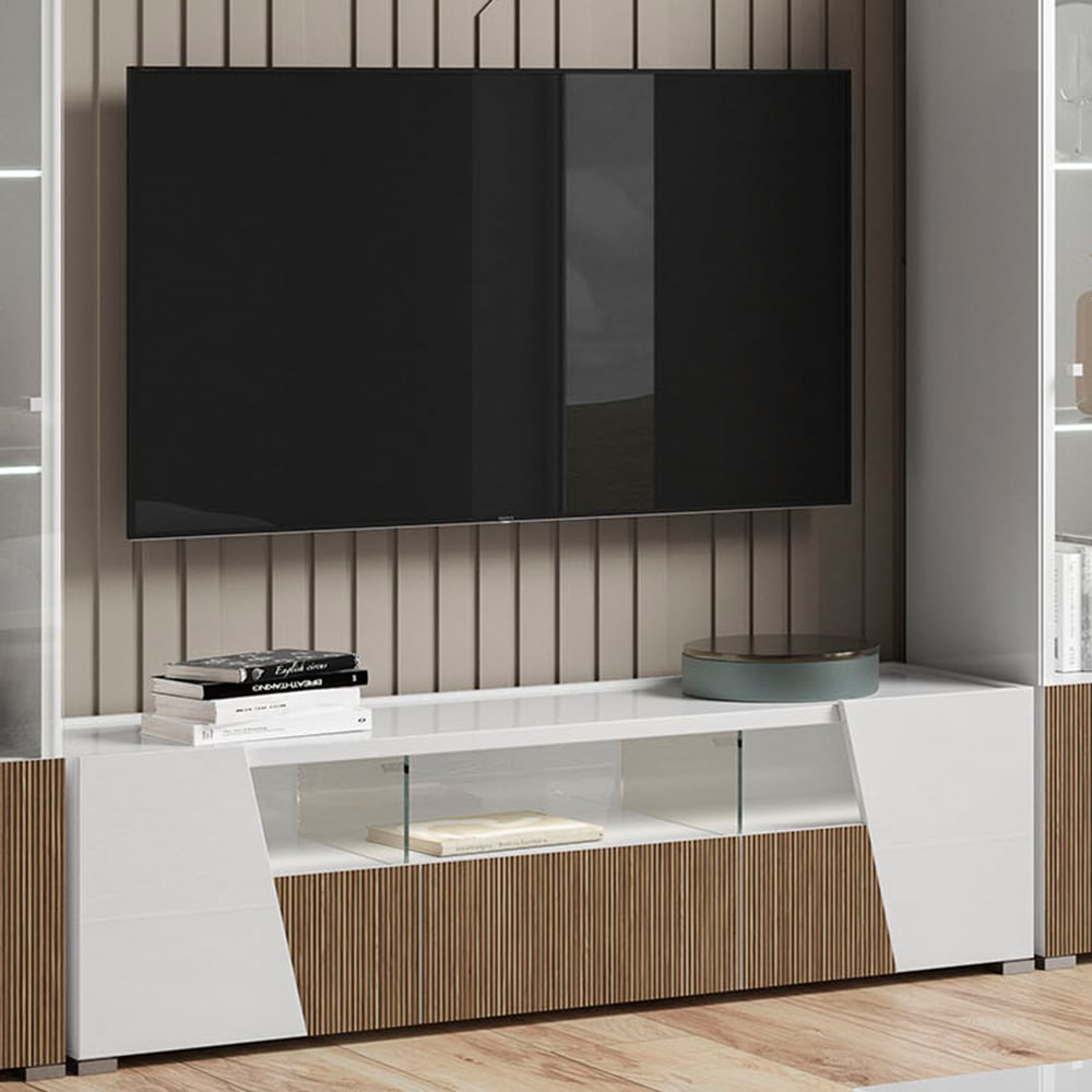 Read more about Enna high gloss tv stand in white with 3 doors and led