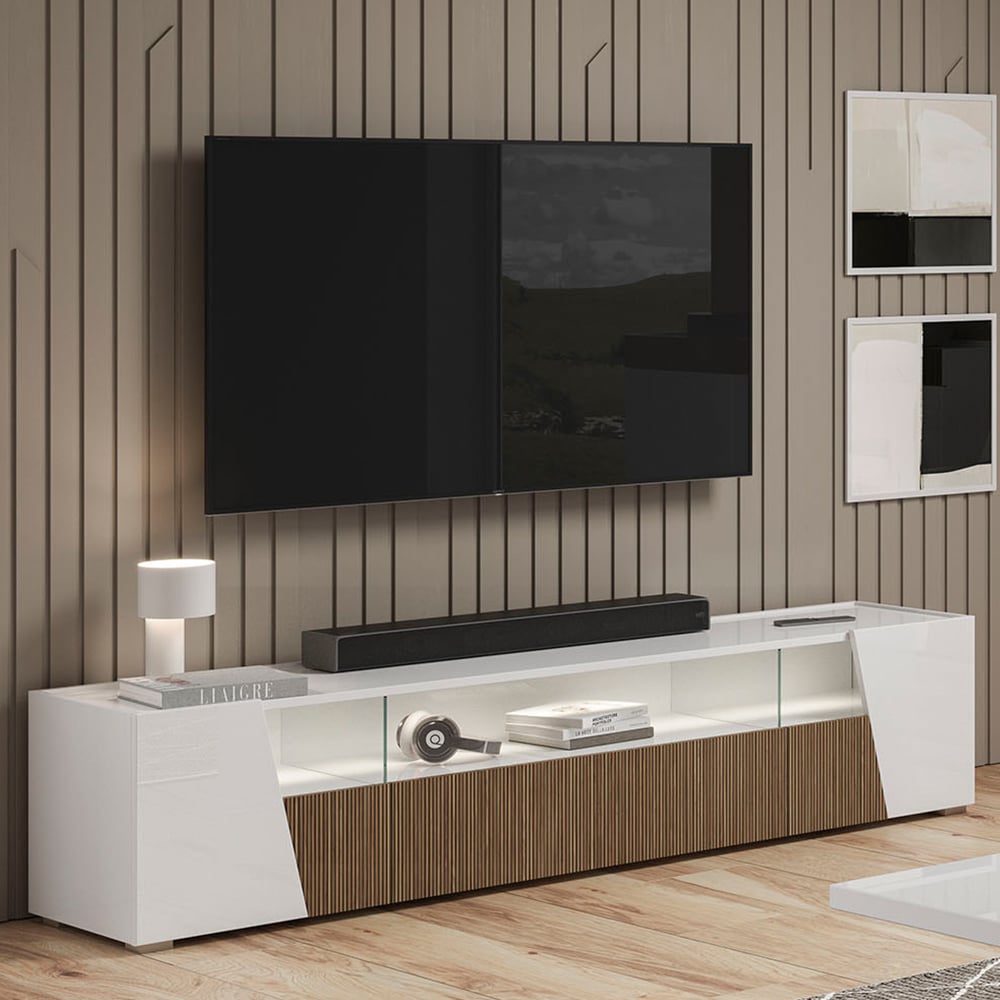 Read more about Enna high gloss tv stand in white with 4 doors and led