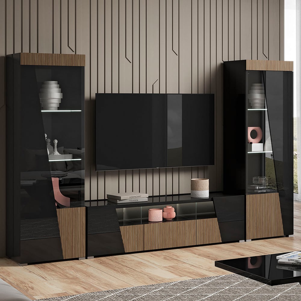 Read more about Enna living room set with display cabinet in gloss black and led