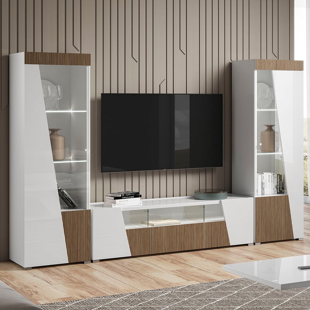 Read more about Enna living room set with display cabinet in gloss white and led