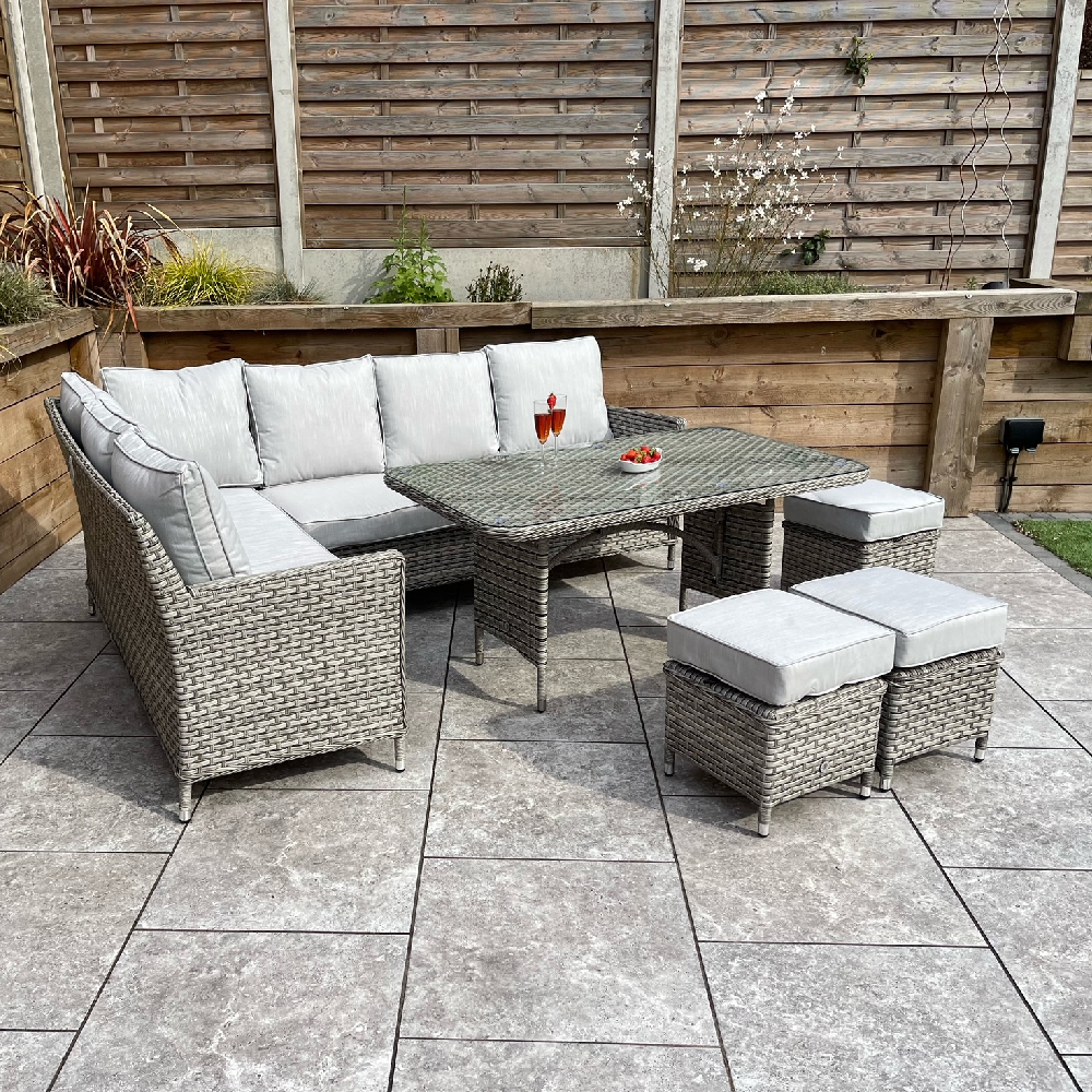 Enola Glass Top Garden Corner Dining Set With Firepit In Grey