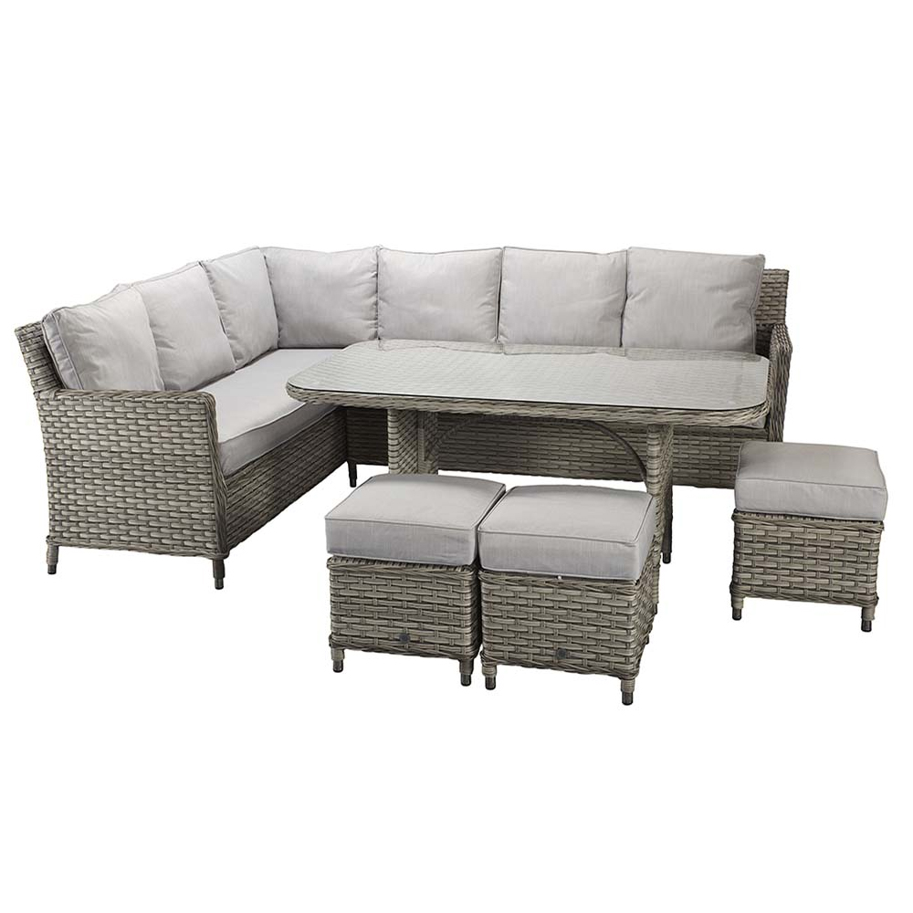 Enola Glass Top Garden Corner Dining Set With Firepit In Grey