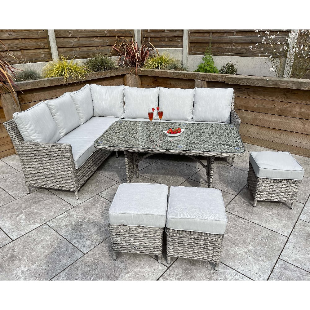 Product photograph of Enola Glass Top Garden Corner Dining Set With Firepit In Grey from Furniture in Fashion