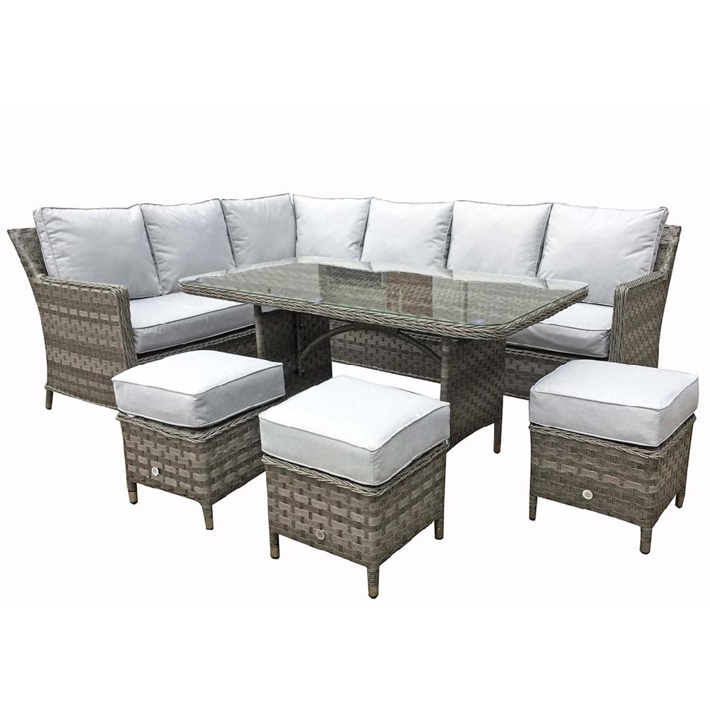 Enola Glass Top Garden Dining Set With 3 Ottomans In Grey