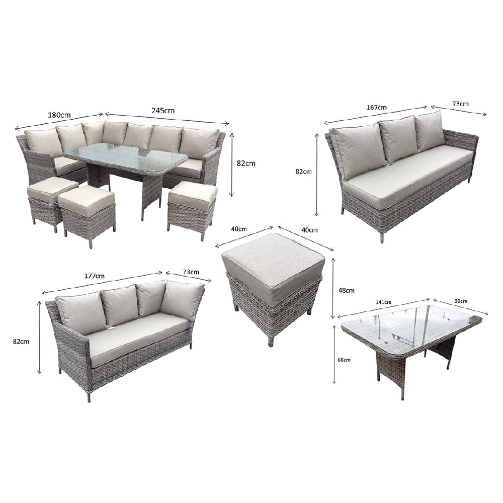 Enola Glass Top Garden Dining Set With 3 Ottomans In Grey