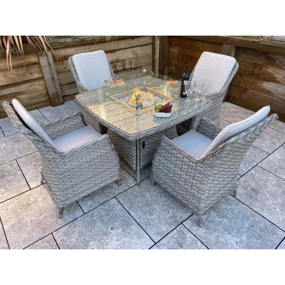 Product photograph of Enola Glass Top Garden Firepit Dining Set With 4 Chairs In Grey from Furniture in Fashion