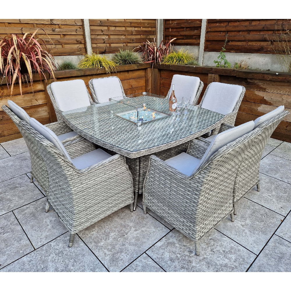 Product photograph of Enola Glass Top Garden Firepit Dining Set With 8 Chairs In Grey from Furniture in Fashion