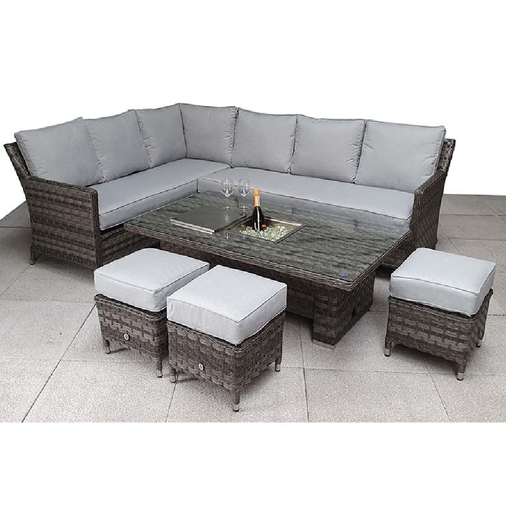 Enola Glass Top Garden Lift Up Dining Set With 3 Ottomans In Grey