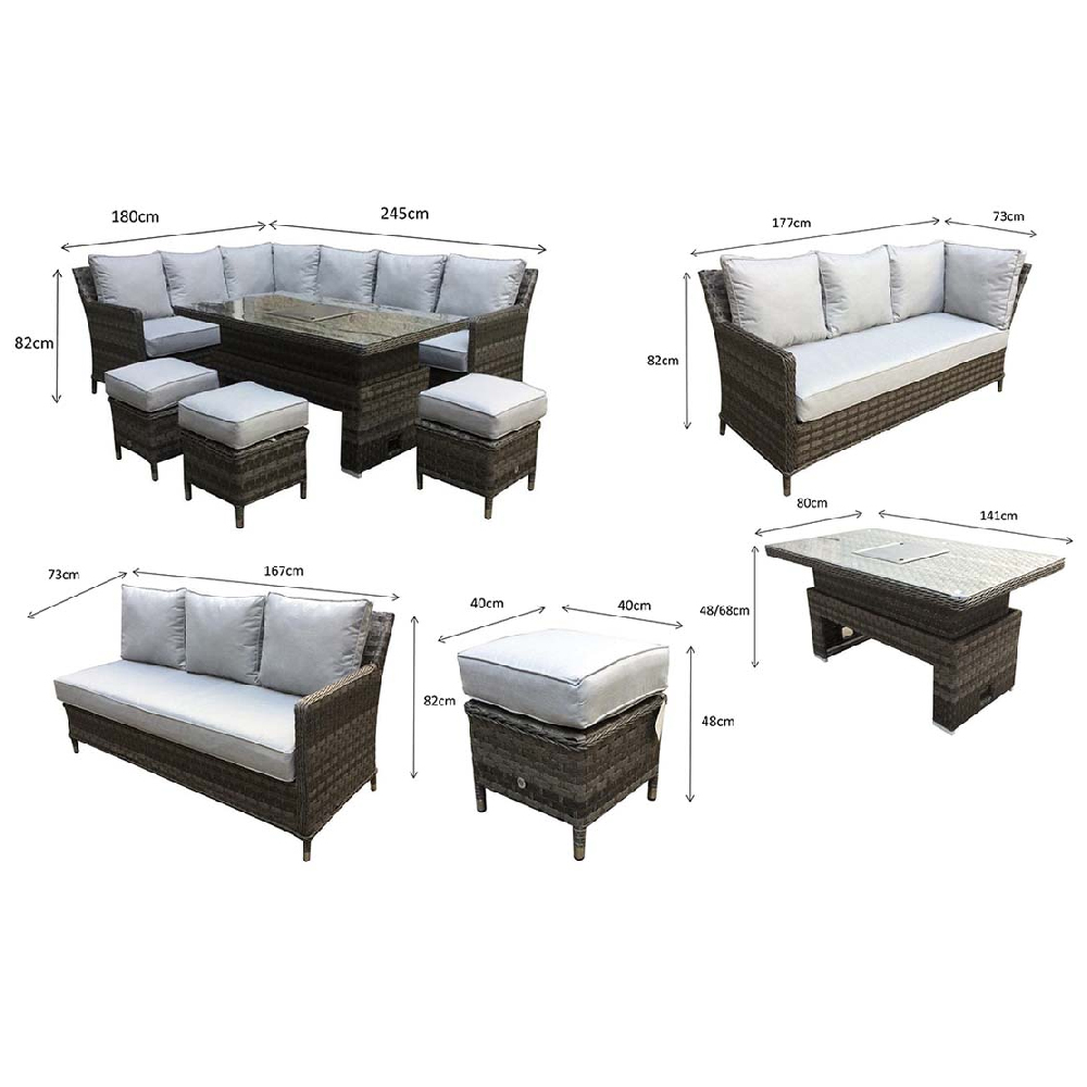 Enola Glass Top Garden Lift Up Dining Set With 3 Ottomans In Grey
