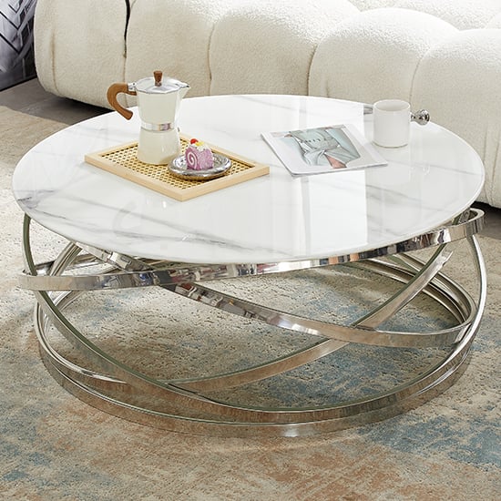 Enrico Round Marble Coffee Table In White With Silver Base_2