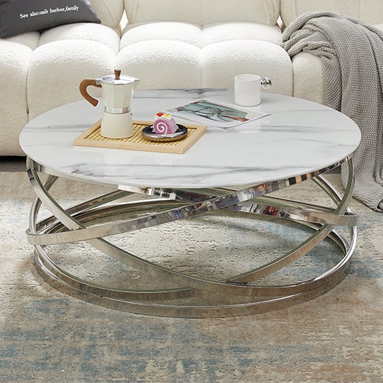 Enrico Round Glass Coffee Table In Diva Marble Effect