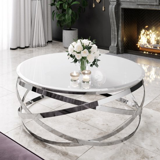 Enrico White Glass Coffee Table With Silver Stainless Steel Legs Furniture In Fashion