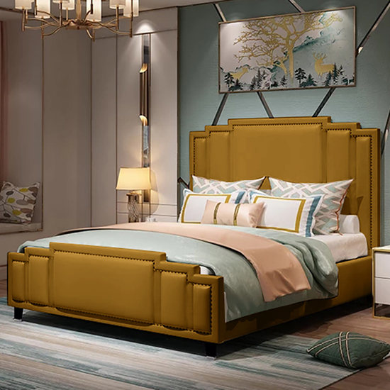 Enumclaw Plush Velvet King Size Bed In Mustard