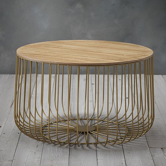 Product photograph of Enzi Large Wooden Coffee Table With Gold Cage Frame In Oak from Furniture in Fashion