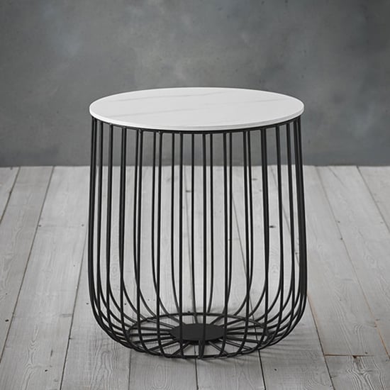 Photo of Enzi small marble effect coffee table with black cage frame in white