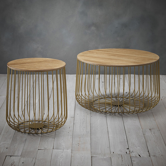 Enzi Small Wooden Coffee Table With Gold Cage Frame In Oak