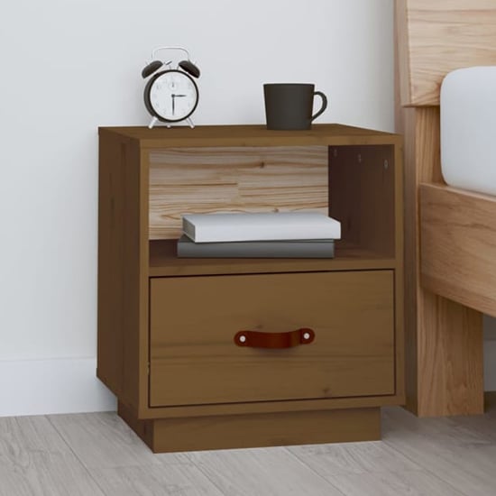 Read more about Epix pine wood bedside cabinet with 1 drawer in honey brown