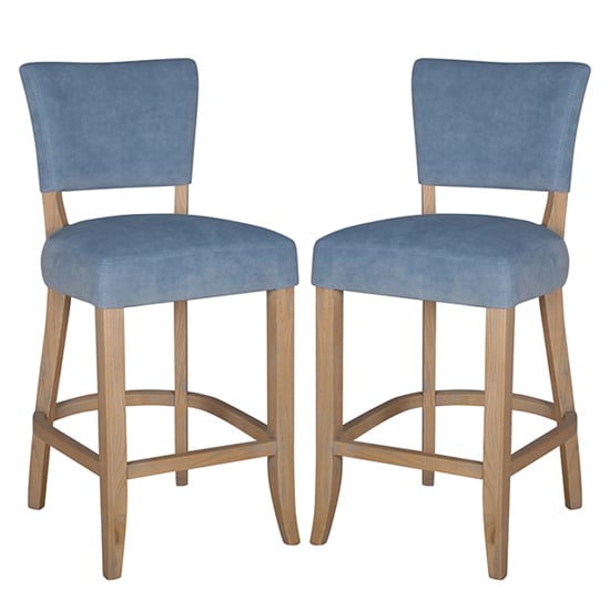 Epping Blue Velvet Bar Chairs With Wooden Legs In Pair