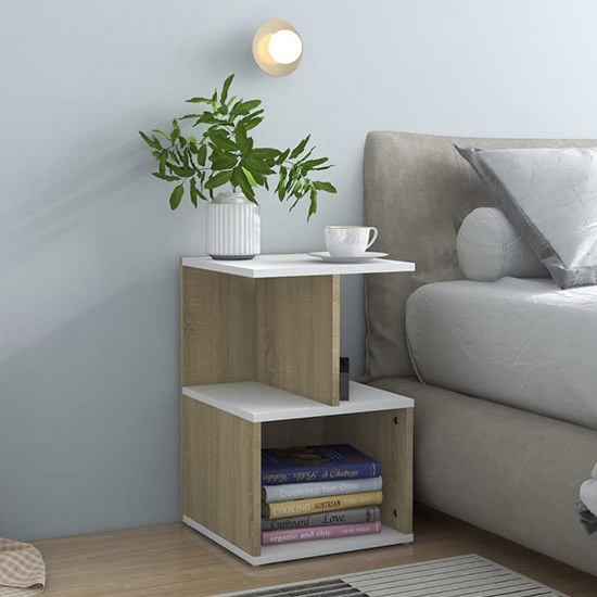 Eracio Wooden Bedside In White And Sonoma Oak Furniture in