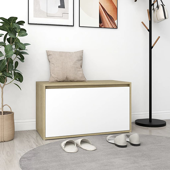 Erasto Wooden Hallway Seating Bench In White Sonoma Oak Furniture in