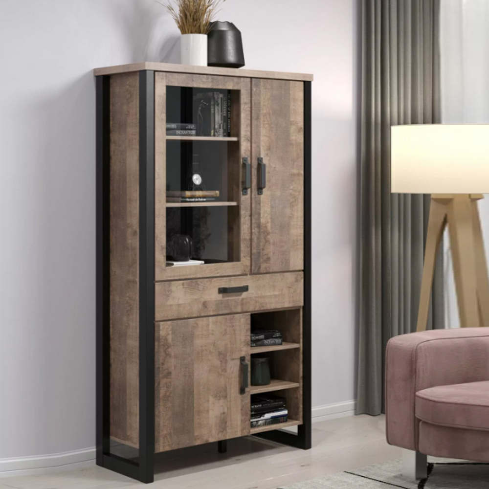 Erbil Wooden Display Cabinet With 3 Doors In Tobacco Oak