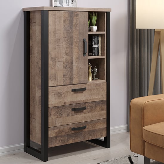 Read more about Erbil wooden highboard with 1 doors 3 drawers in tobacco oak