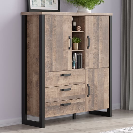 Photo of Erbil wooden highboard with 3 doors 3 drawers in tobacco oak