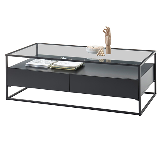 Ercolano Clear Glass Coffee Table With 2 Drawers In Black_2