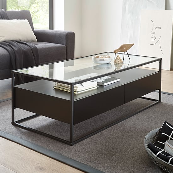 Ercolano Clear Glass Coffee Table With 2 Drawers In Black