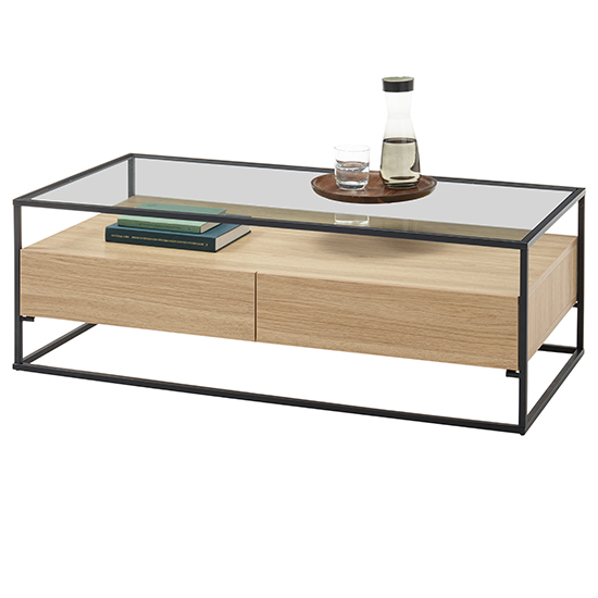 Ercolano Clear Glass Coffee Table With 2 Drawers In Oak_2