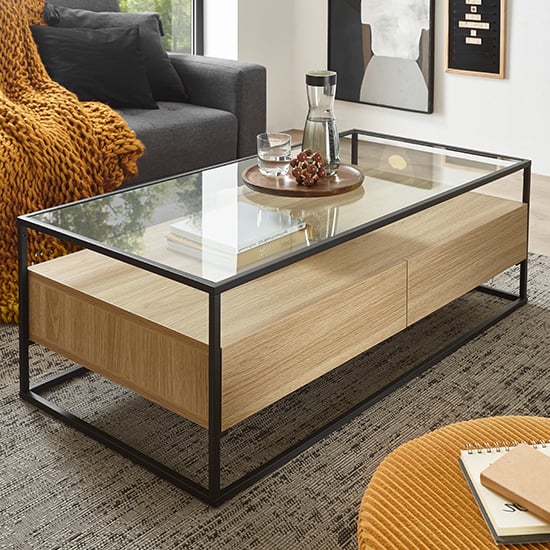 Ercolano Clear Glass Coffee Table With 2 Drawers In Oak_1