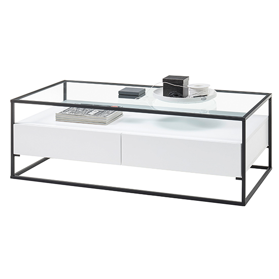Ercolano Clear Glass Coffee Table With 2 Drawers In White_2