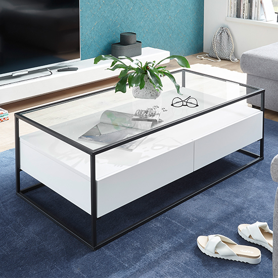 Ercolano Clear Glass Coffee Table With 2 Drawers In White_1