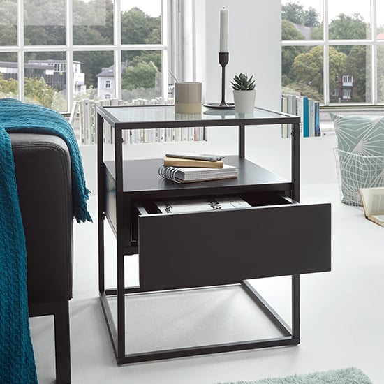 Ercolano Clear Glass Side Table With 1 Drawer In Black_2