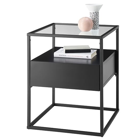 Ercolano Clear Glass Side Table With 1 Drawer In Black_3