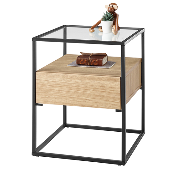 Ercolano Clear Glass Side Table With 1 Drawer In Oak_2