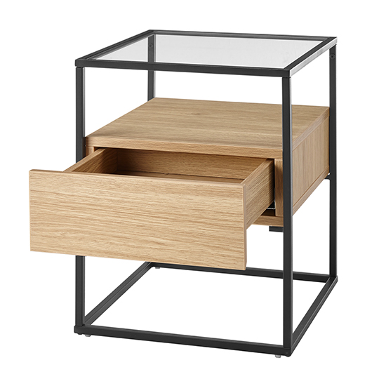 Ercolano Clear Glass Side Table With 1 Drawer In Oak_4